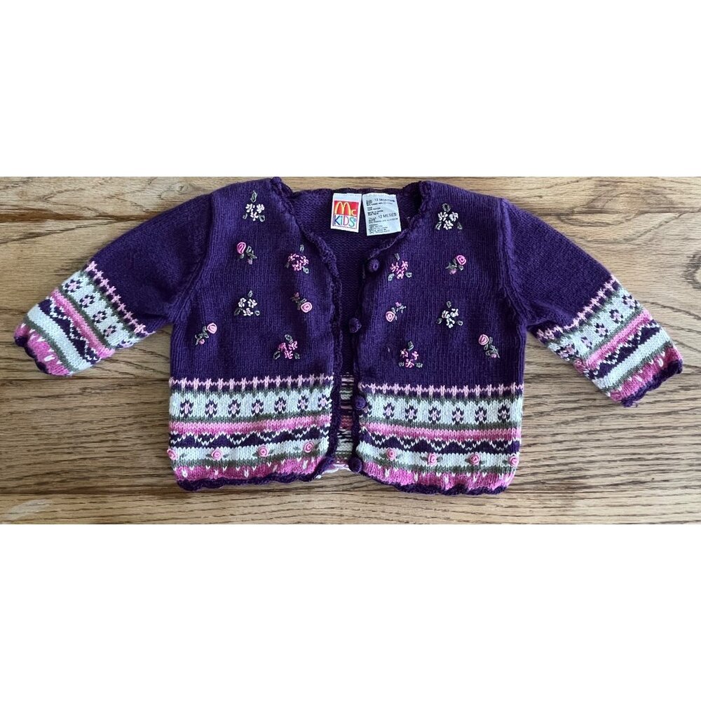 VTG McKids Cardigan Sweater Girls Baby 12 Mos Purple Fair Isle Roses 90s